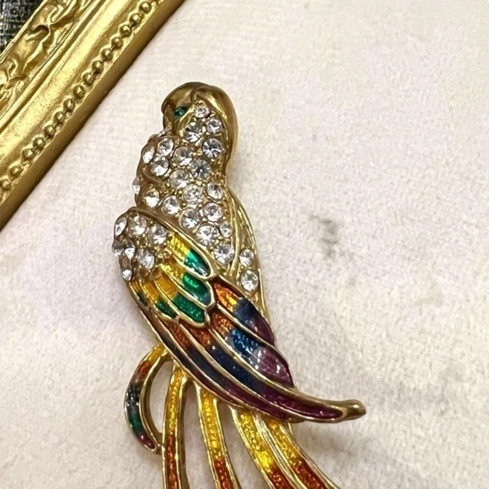 Large Bird‎ of Paradise Brooch Gold Tone Enamel Rhinestones Parrot Bird Colorful